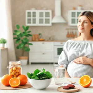 futura mamma in un ambiente accogliente, con alimenti ricchi di ferro e vitamina C