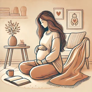 A-gentle-warm-toned-illustration-of-a-pregnant-woman-at-24-weeks-sitting-comfortably-with-her-hands-on-her-belly.-She-is-in-a-cozy-well-lit-room